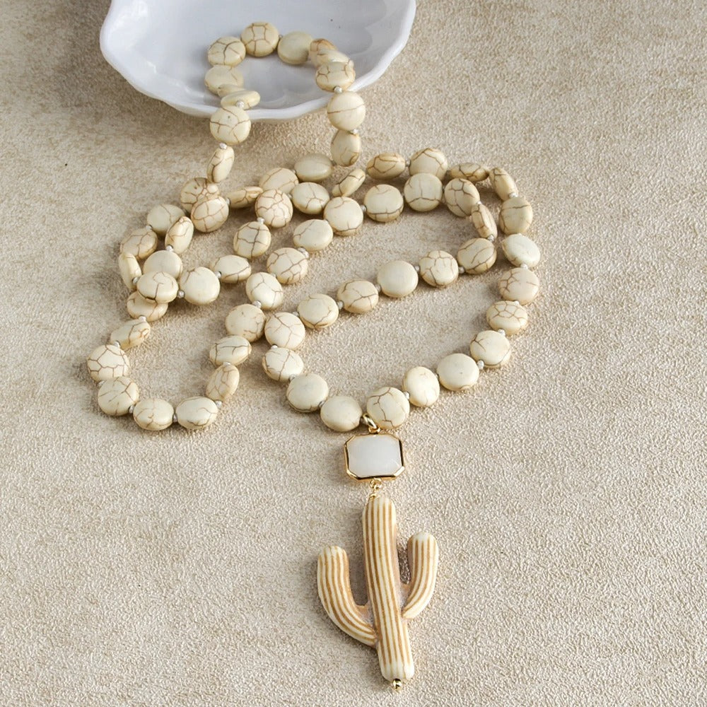 Fashion Knotted Flat White Stone Crystal Link Ethnic Cactus Necklace Bohemian Tribal Jewelry