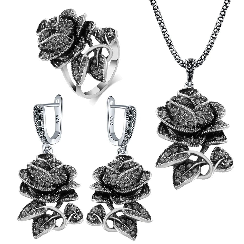 Black Marcasite Rose Flower Jewelry Sets