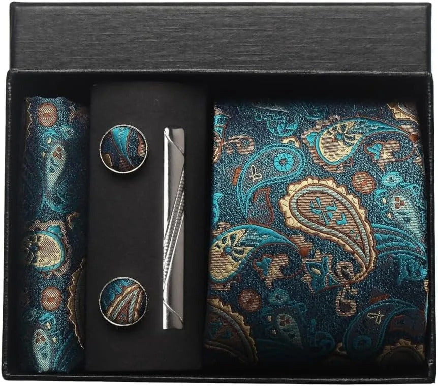 Silk Business Tie Pocket Square Tie Clip Cufflinks Multi-Color Set Classic For Men Gift Box