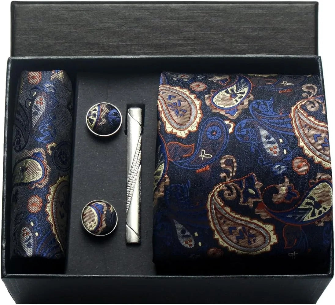 Silk Business Tie Pocket Square Tie Clip Cufflinks Multi-Color Set Classic For Men Gift Box