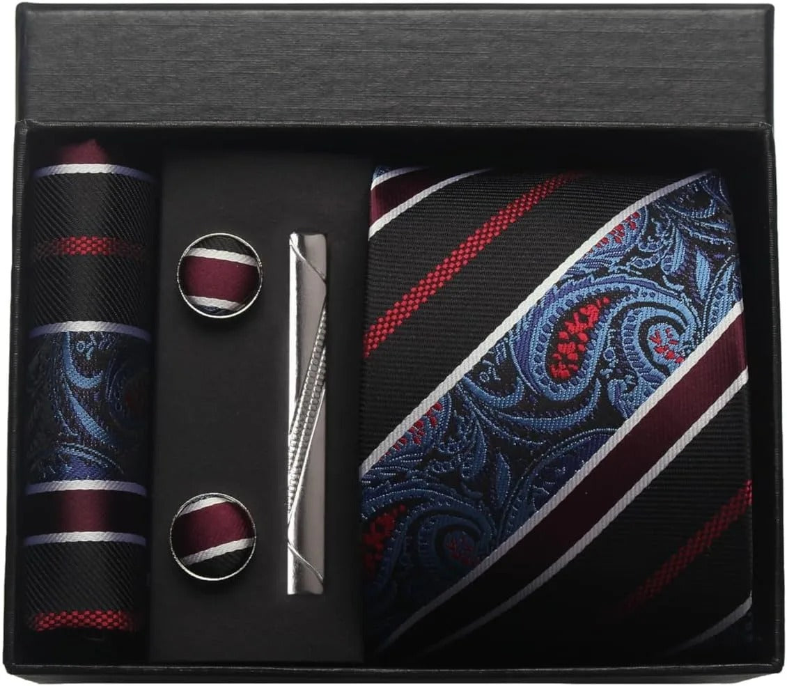 Silk Business Tie Pocket Square Tie Clip Cufflinks Multi-Color Set Classic For Men Gift Box