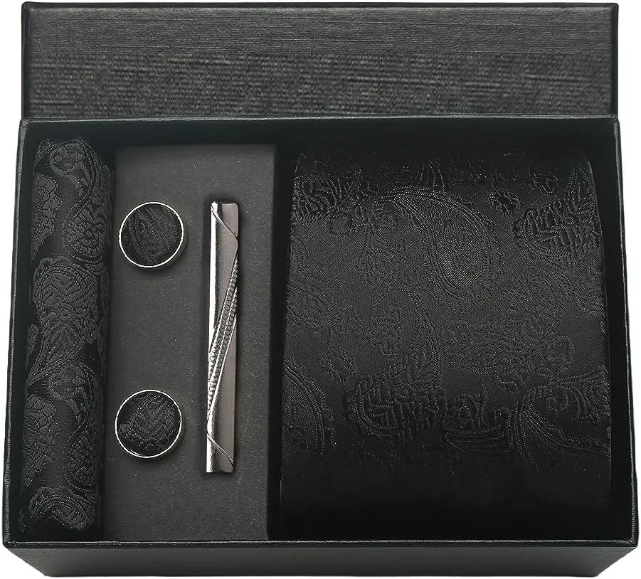 Silk Business Tie Pocket Square Tie Clip Cufflinks Plain Set Classic For Men Gift Box