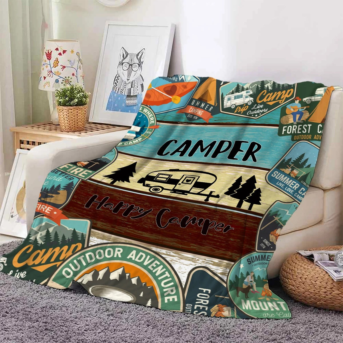 Camper and forest pattern rug, blanket - warm plush blanket