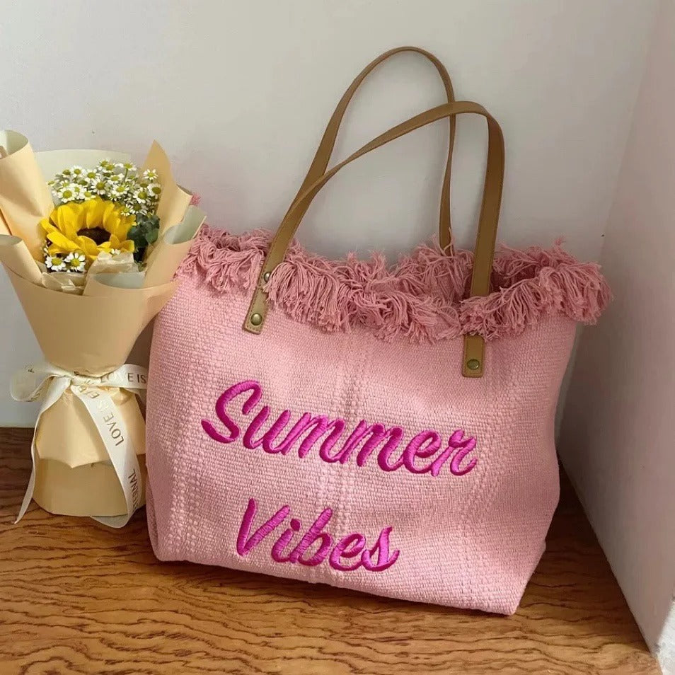 Embroidered Canvas Large Tote Beach Bag