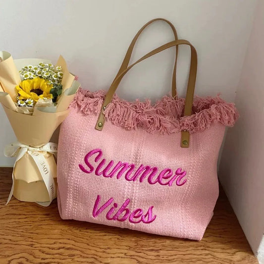 Embroidered Canvas Large Tote Beach Bag