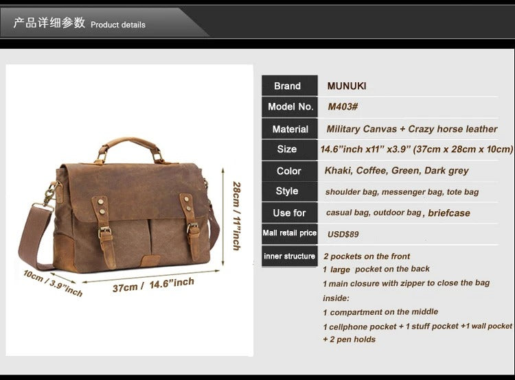 Vintage Leather Canvas Men Business Bag