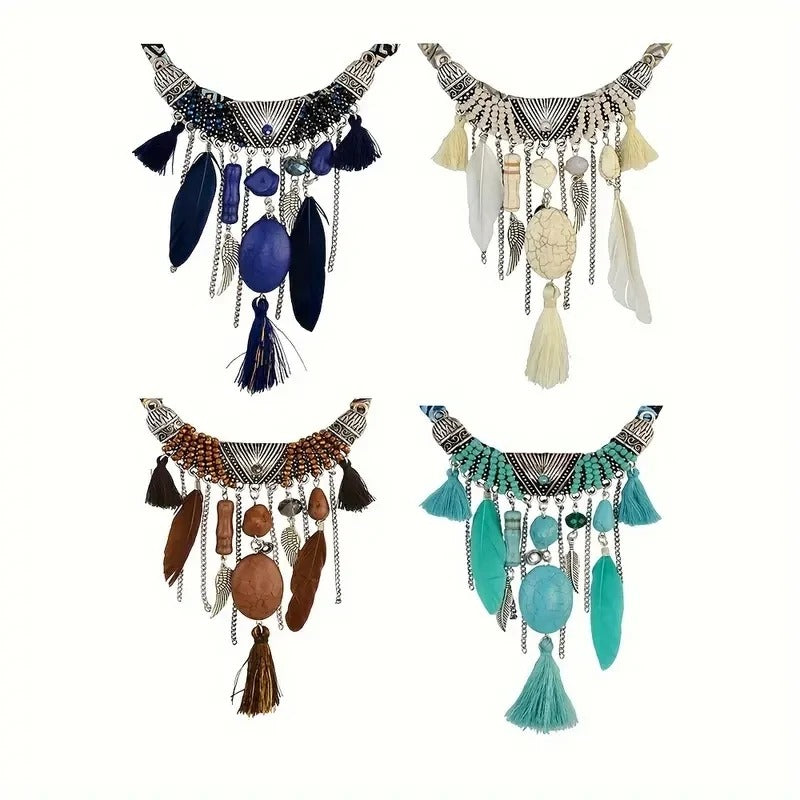 Ethnic Feather Tassel Pendant Necklace for Women