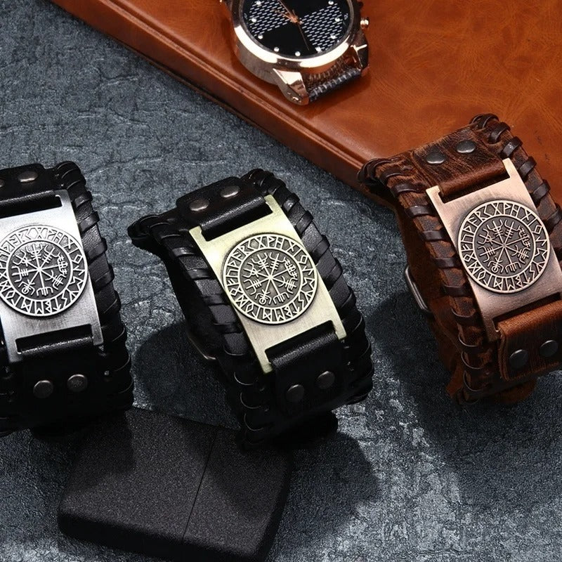 Retro Wide Leather Pirate Compass Bracelet for Men