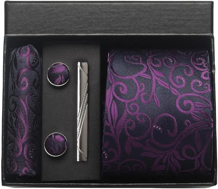 Silk Business Tie Pocket Square Tie Clip Cufflinks Plain Set Classic For Men Gift Box