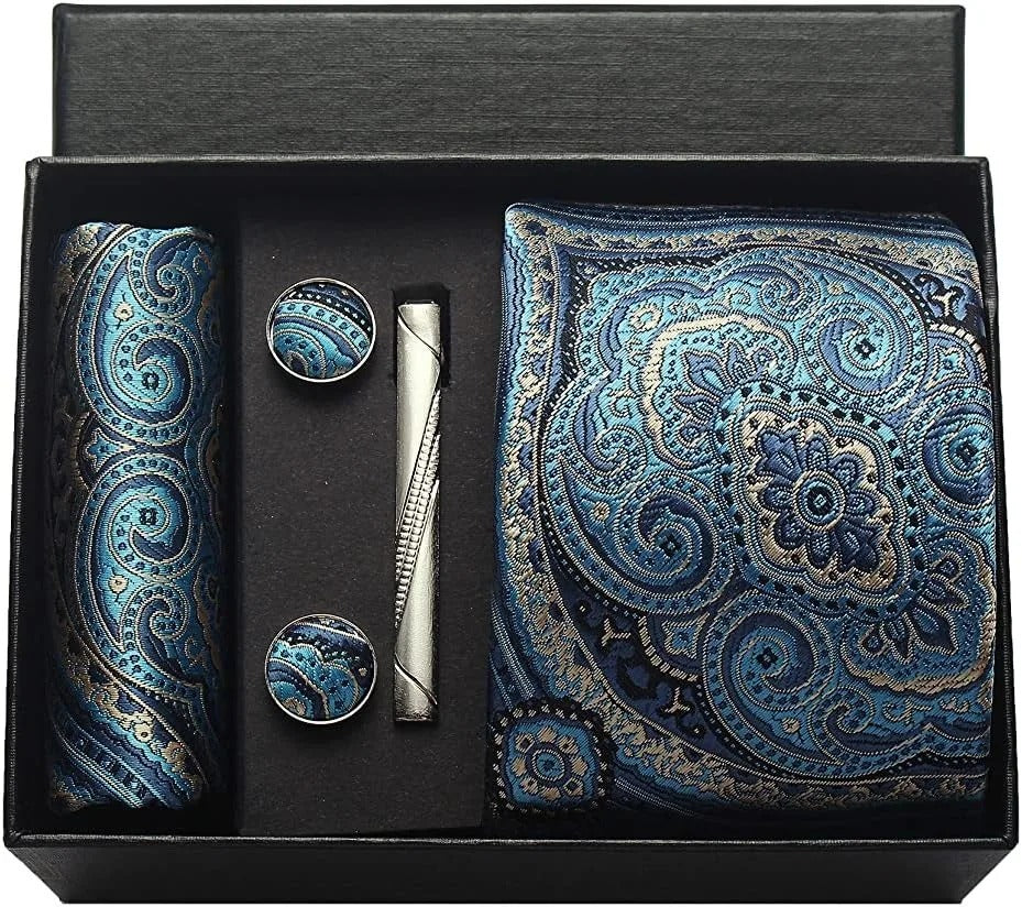 Silk Business Tie Pocket Square Tie Clip Cufflinks Multi-Color Set Classic For Men Gift Box