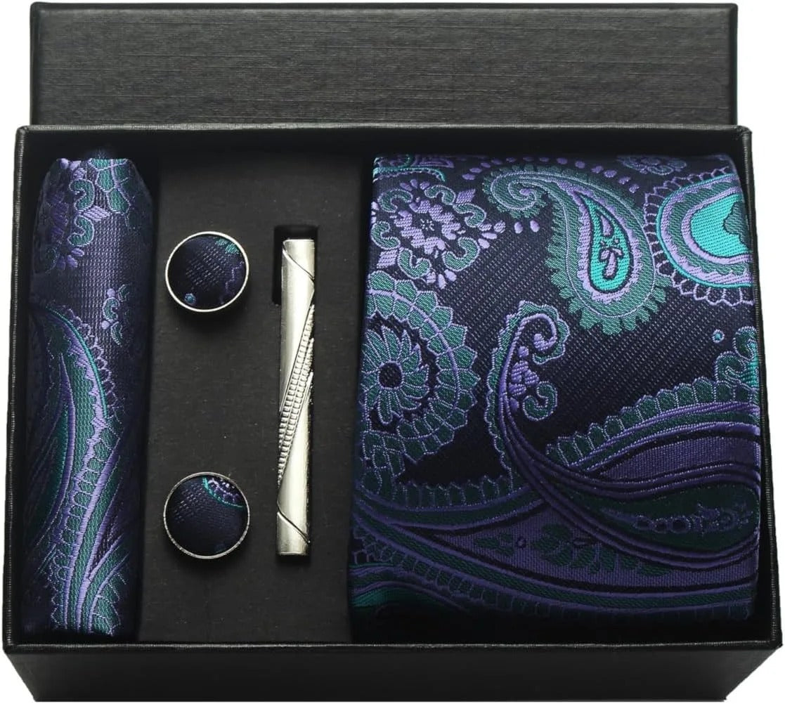 Silk Business Tie Pocket Square Tie Clip Cufflinks Multi-Color Set Classic For Men Gift Box