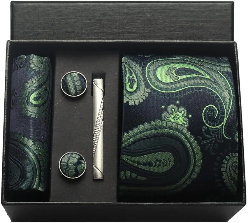 Silk Business Tie Pocket Square Tie Clip Cufflinks Multi-Color Set Classic For Men Gift Box