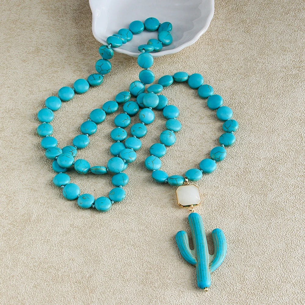 Fashion Knotted Flat White Stone Crystal Link Ethnic Cactus Necklace Bohemian Tribal Jewelry