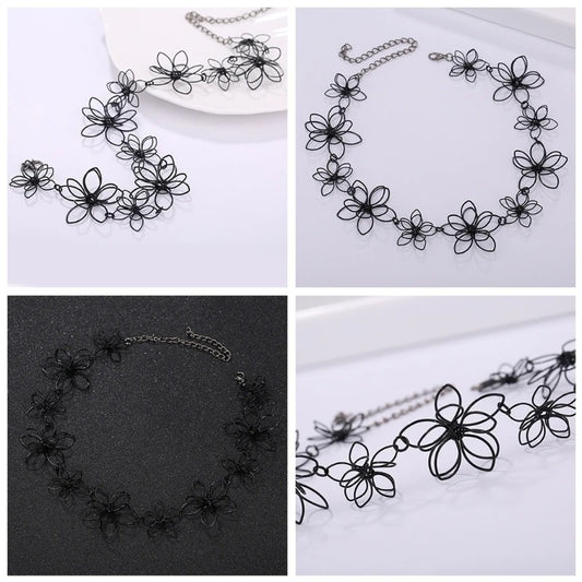 Clavicle Chain Flower Necklace Short Choker Floral Black Jewelry Women