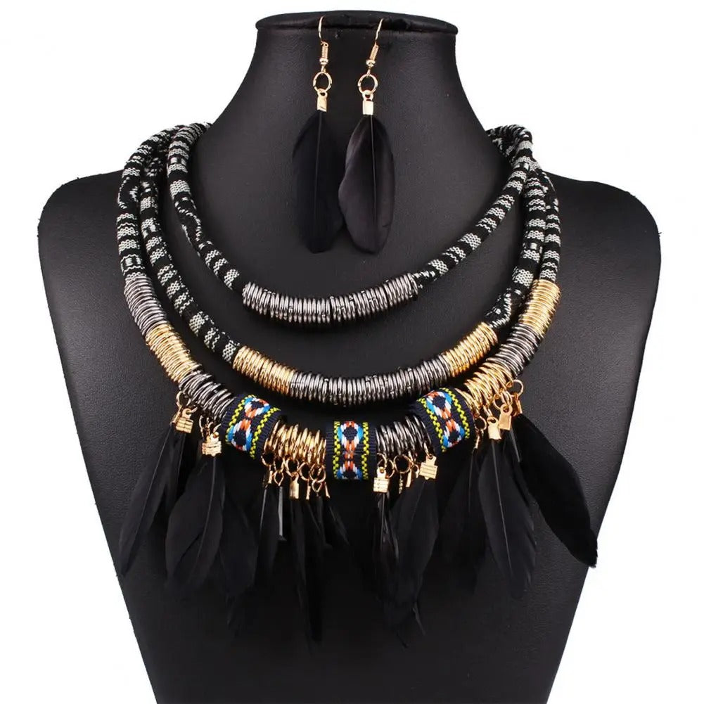 Ethnic Jewelry Set Classic Feather Tassel Necklace Earrings Set