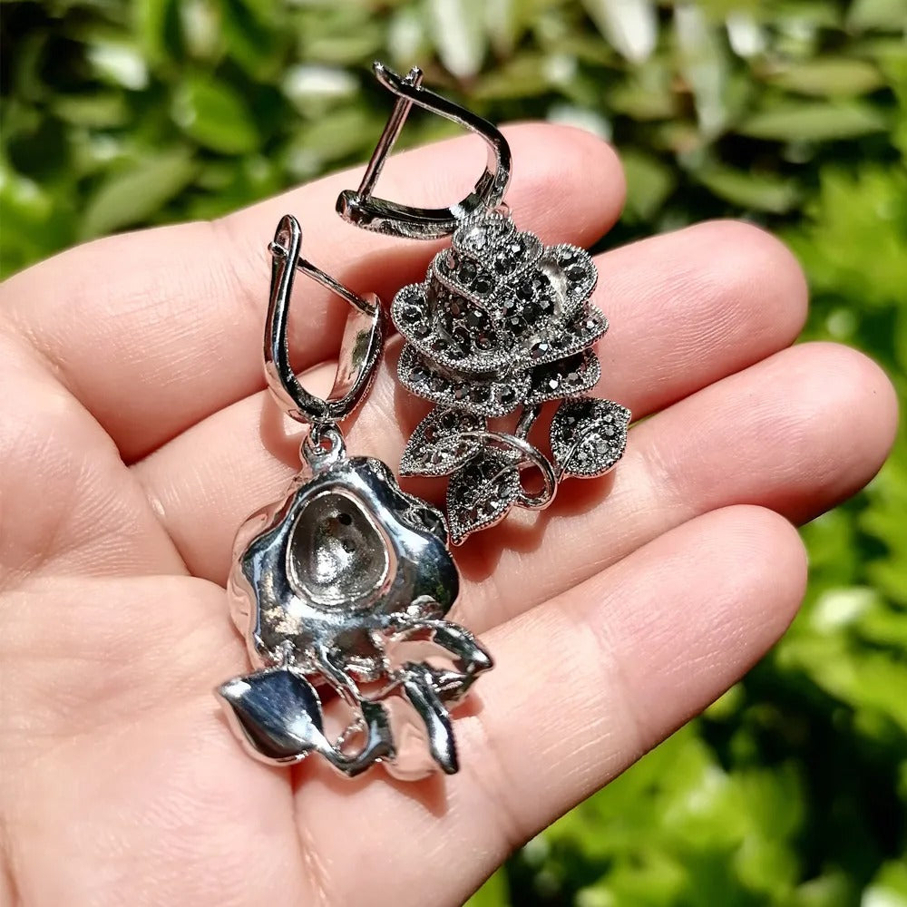 Black Marcasite Rose Flower Jewelry Sets