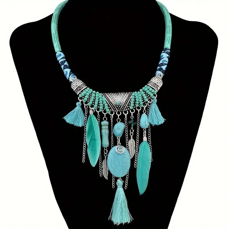 Ethnic Feather Tassel Pendant Necklace for Women