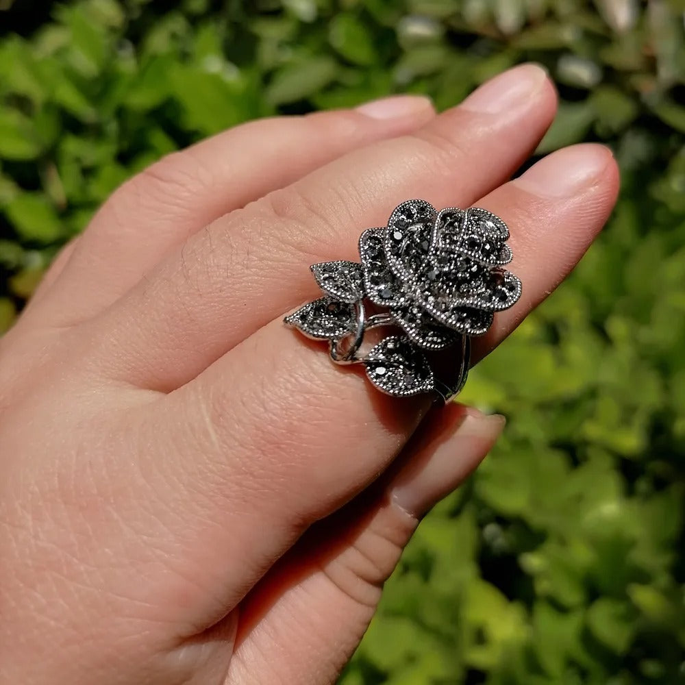 Black Marcasite Rose Flower Jewelry Sets