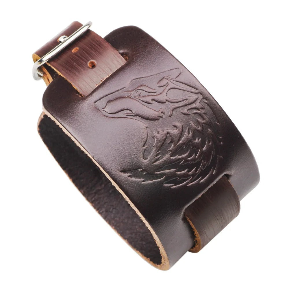 Men's Leather Wristband Embossed Wolf Bracelet