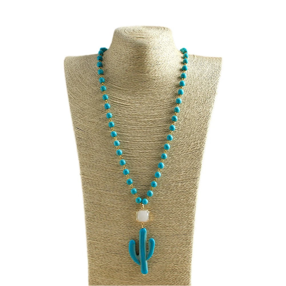 Fashion Knotted Flat White Stone Crystal Link Ethnic Cactus Necklace Bohemian Tribal Jewelry