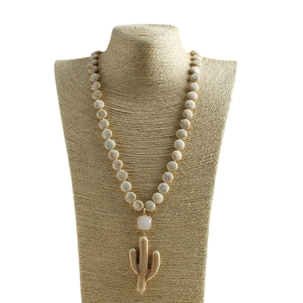 Fashion Knotted Flat White Stone Crystal Link Ethnic Cactus Necklace Bohemian Tribal Jewelry