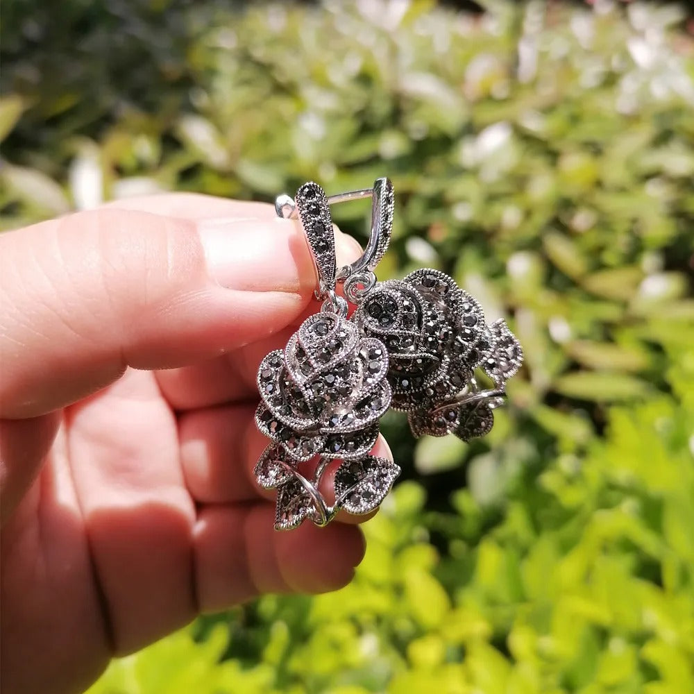 Black Marcasite Rose Flower Jewelry Sets