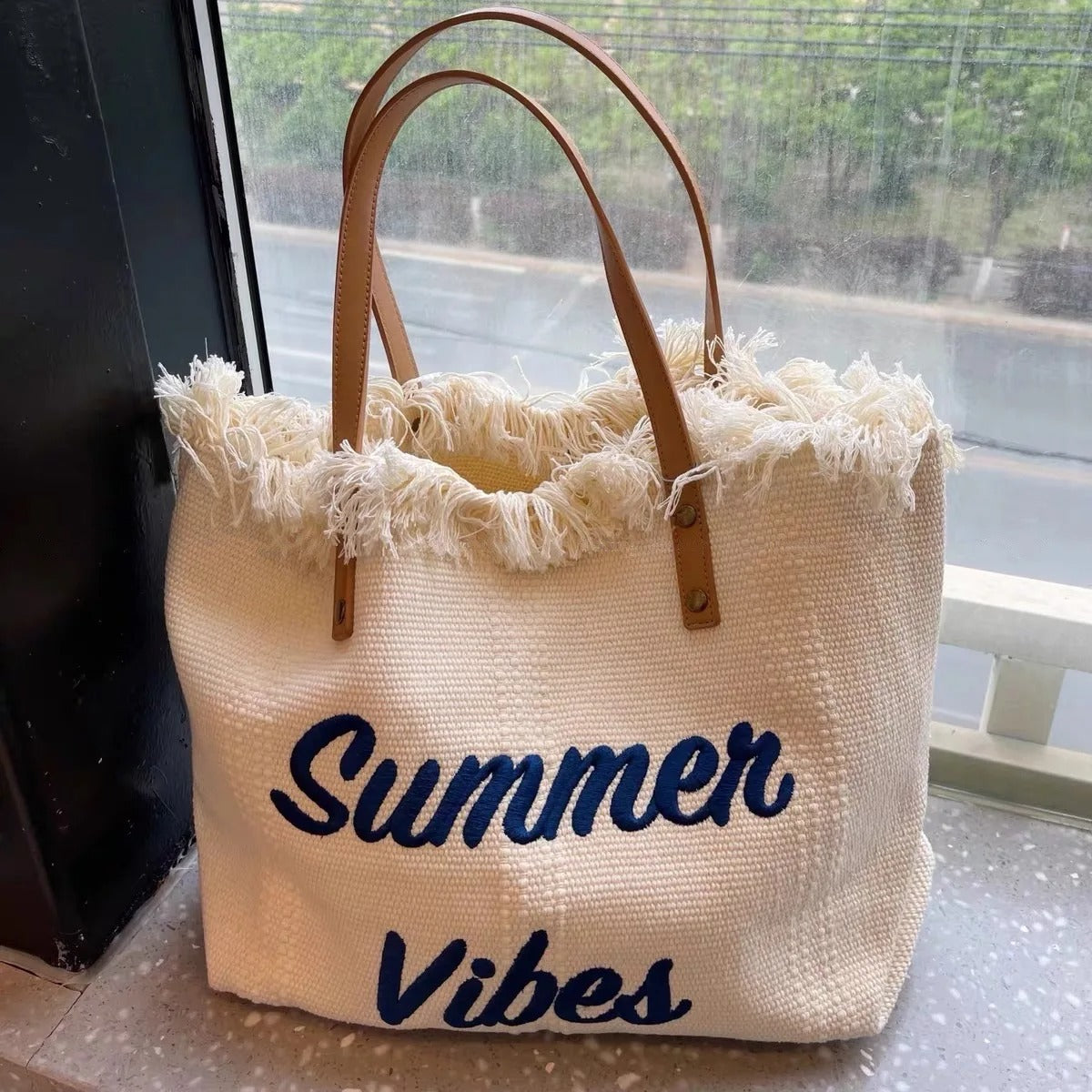 Embroidered Canvas Large Tote Beach Bag