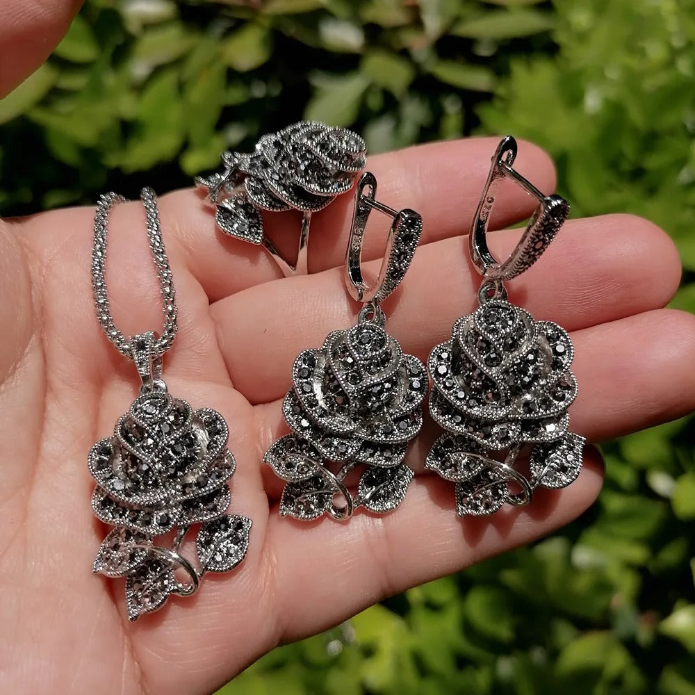 Black Marcasite Rose Flower Jewelry Sets