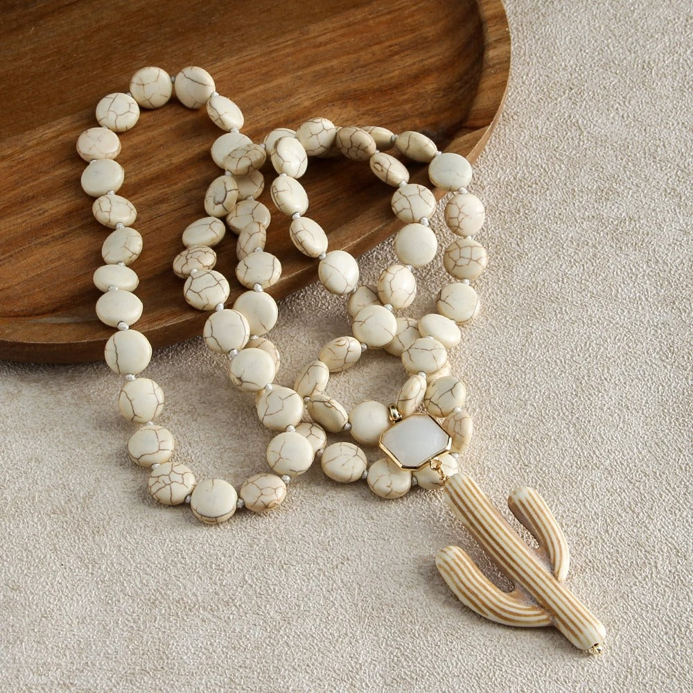 Fashion Knotted Flat White Stone Crystal Link Ethnic Cactus Necklace Bohemian Tribal Jewelry