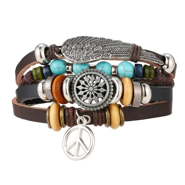 Tibet Stone Feather Multilayer Leather Bracelet