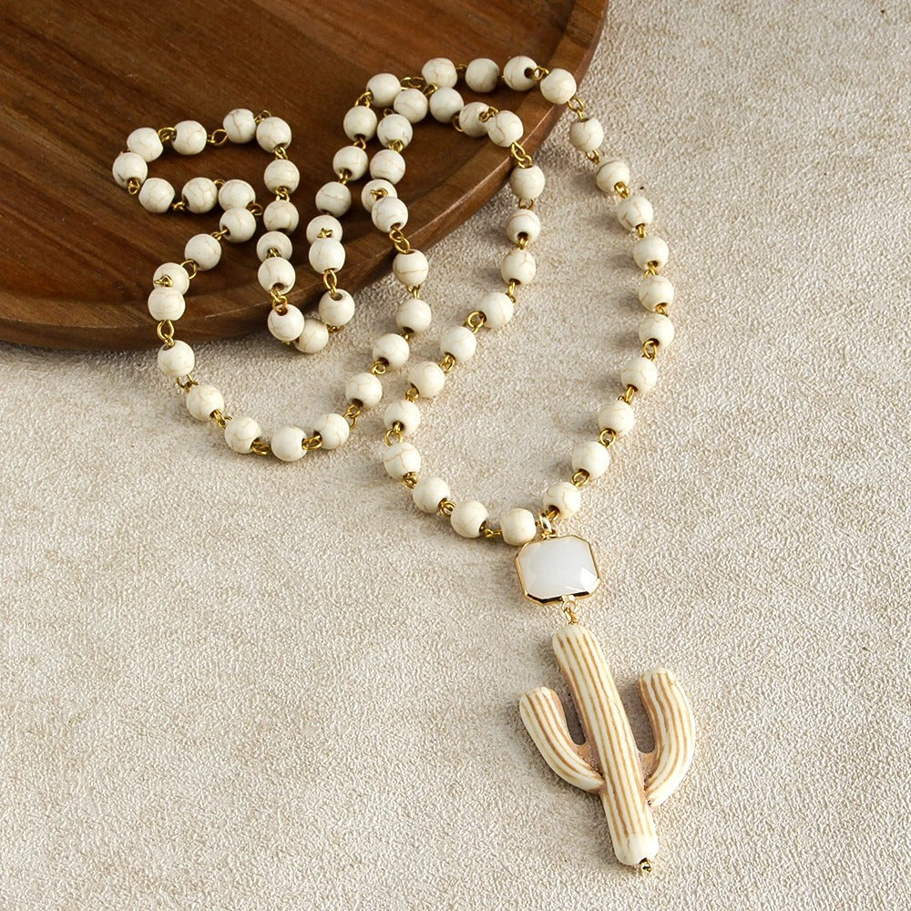 Fashion Knotted Flat White Stone Crystal Link Ethnic Cactus Necklace Bohemian Tribal Jewelry