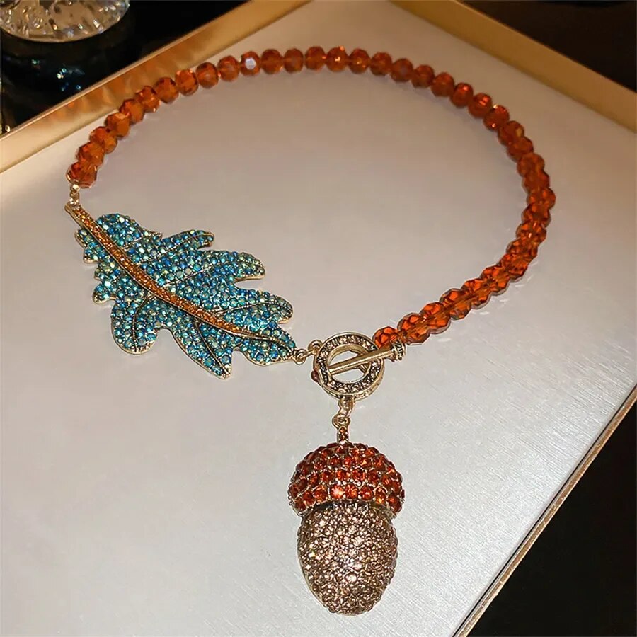 Vintage Leaf Crystal Necklaces with Earing