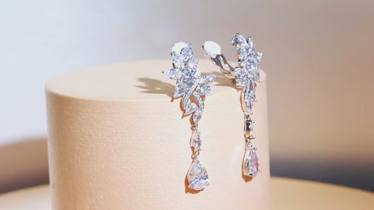 Zircon Flower Drop Clip On Earrings