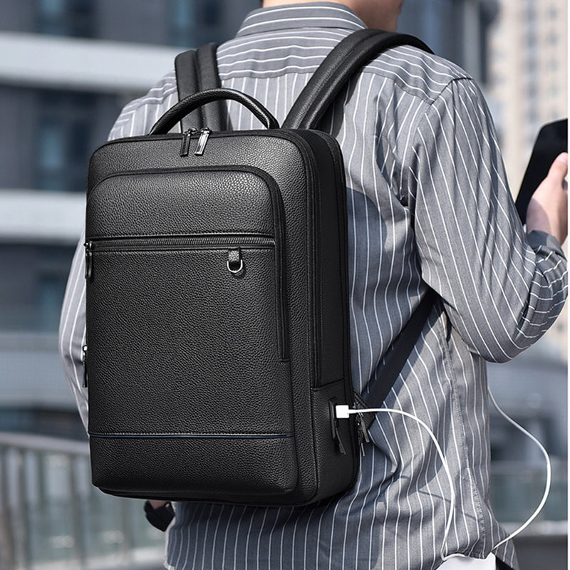 Executive Backpack Men PU Leather Satchel USB Charging