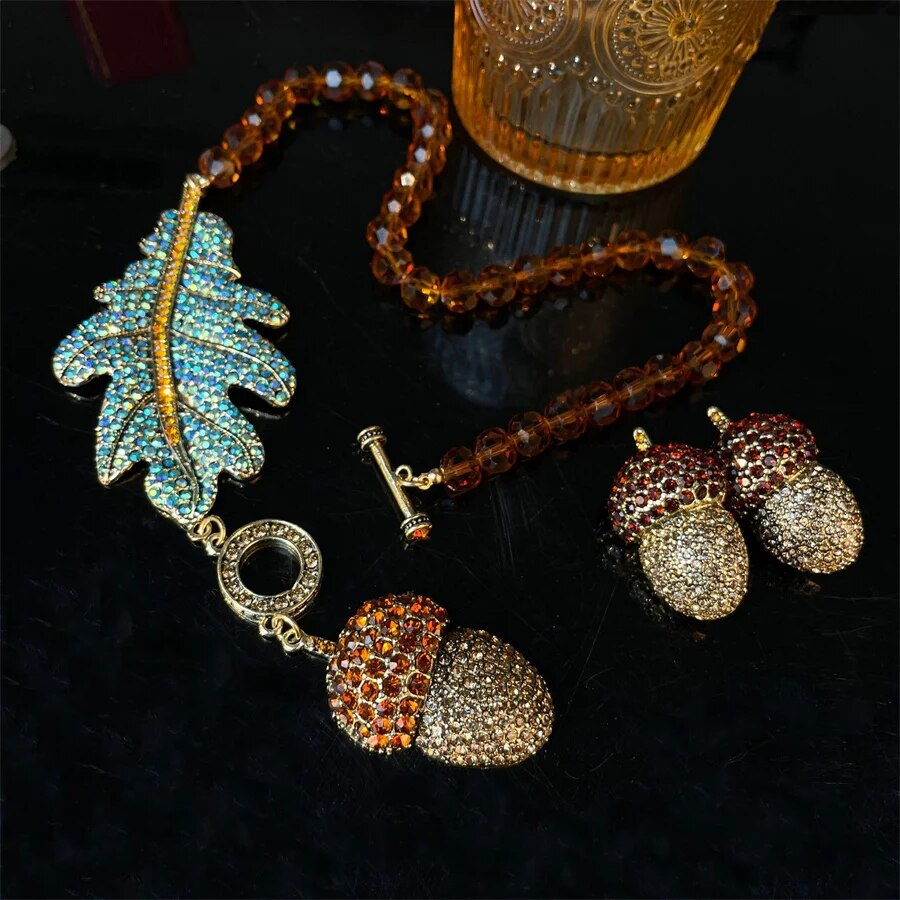 Vintage Leaf Crystal Necklaces with Earing