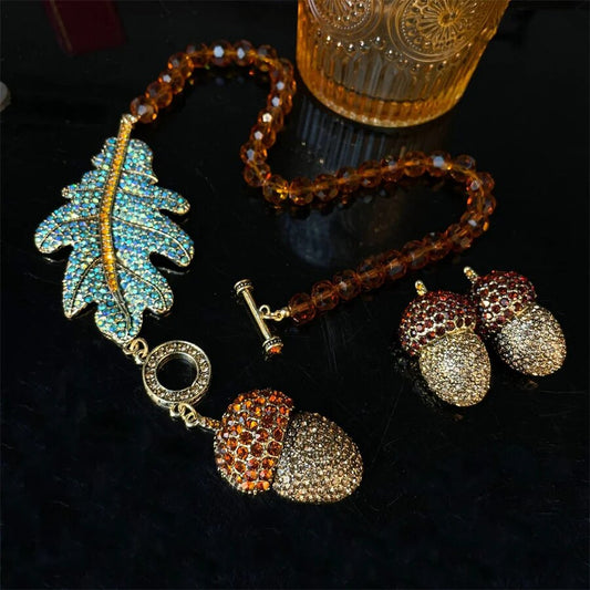 Colliers en cristal de feuille vintage avec boucle d'oreille