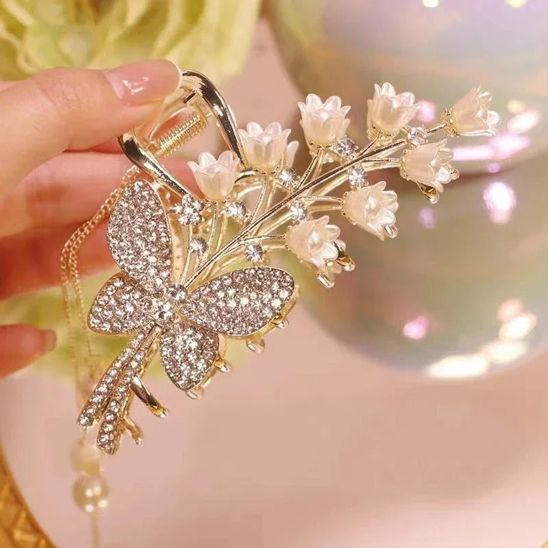 New Pearl Flower Tassel  Retro Ponytail  Hair Claw Clip Girl Women