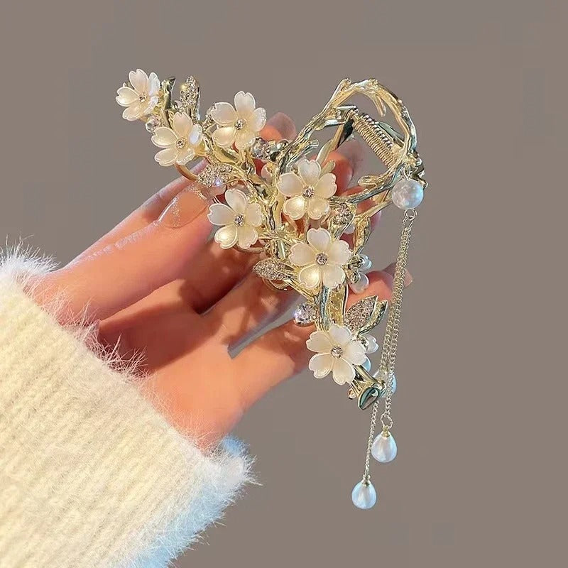 New Pearl Flower Tassel  Retro Ponytail  Hair Claw Clip Girl Women