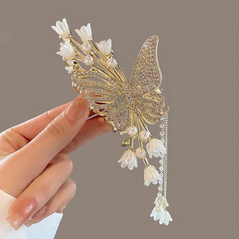 New Pearl Flower Tassel  Retro Ponytail  Hair Claw Clip Girl Women