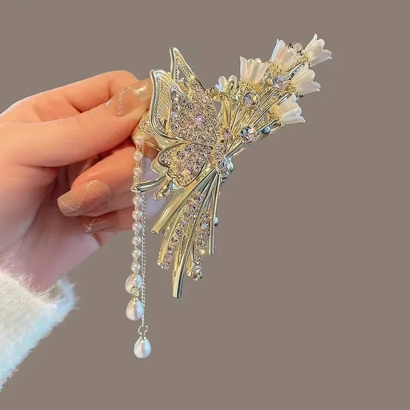 New Pearl Flower Tassel  Retro Ponytail  Hair Claw Clip Girl Women